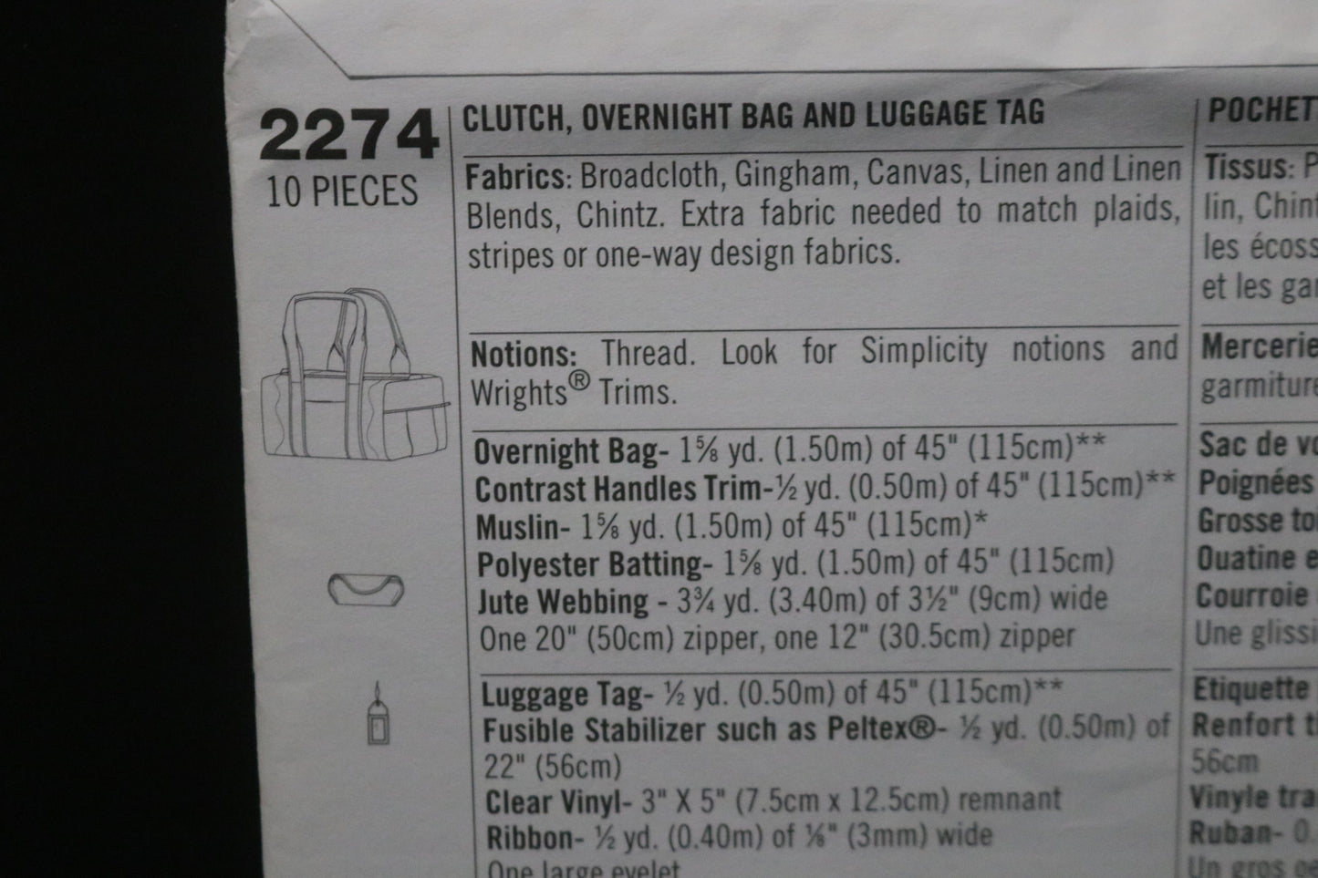 Simplicity 2274 Clutch, Overnight Bag and Luggage Tag Sewing Pattern UNCUT