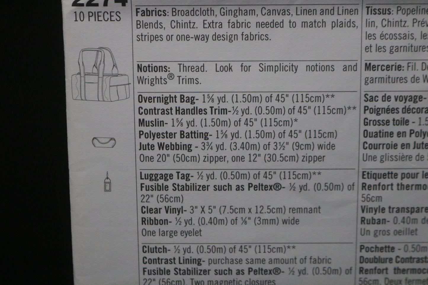 Simplicity 2274 Clutch, Overnight Bag and Luggage Tag Sewing Pattern UNCUT