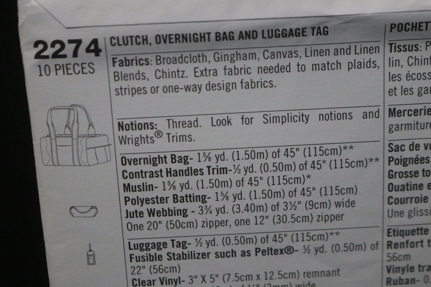 Simplicity 2274 Clutch, Overnight Bag and Luggage Tag Sewing Pattern UNCUT