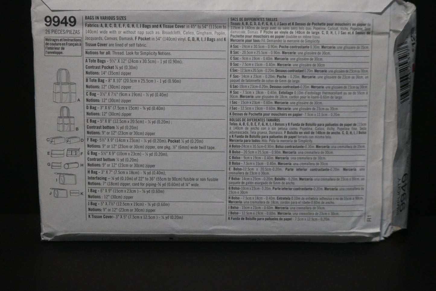 Simplicity 9949 Bags in Various Sizes Sewing Pattern UNCUT