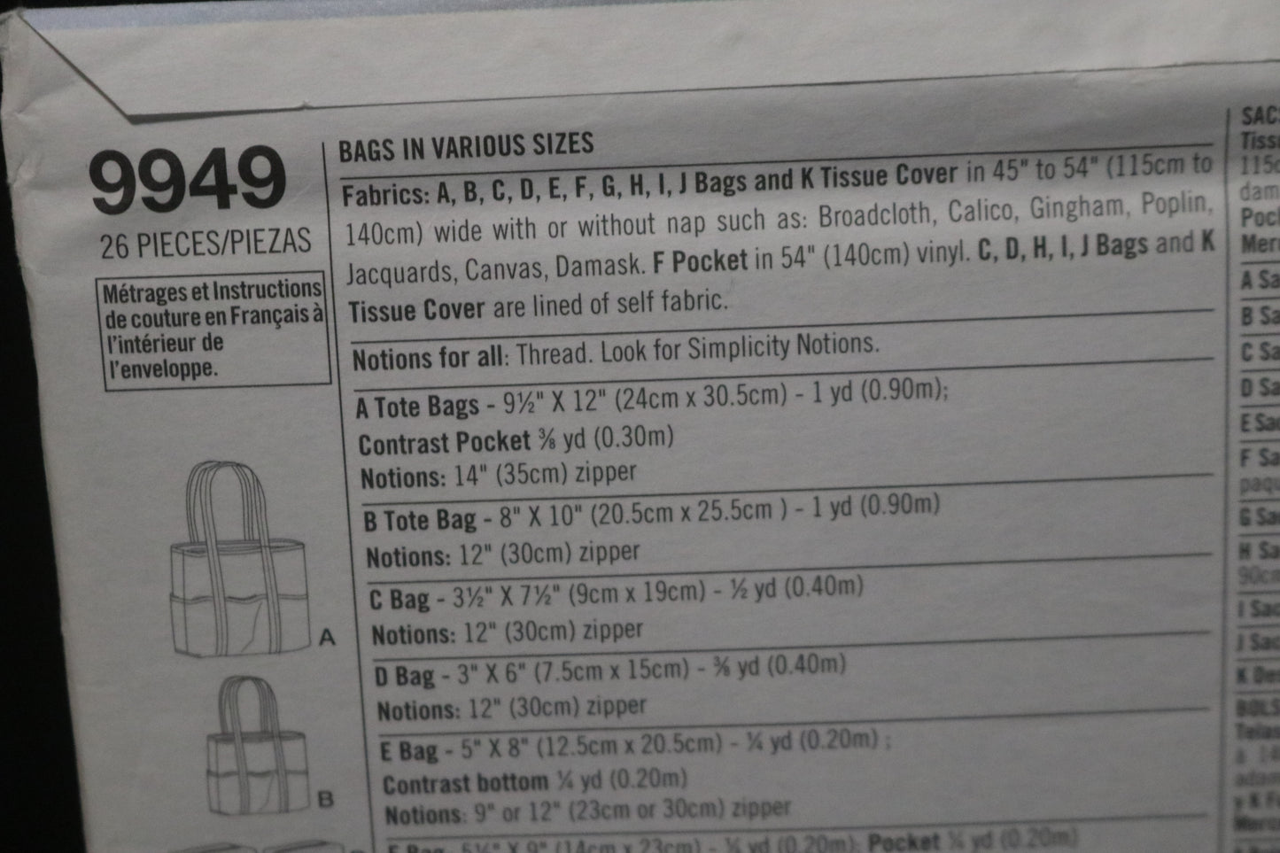 Simplicity 9949 Bags in Various Sizes Sewing Pattern UNCUT