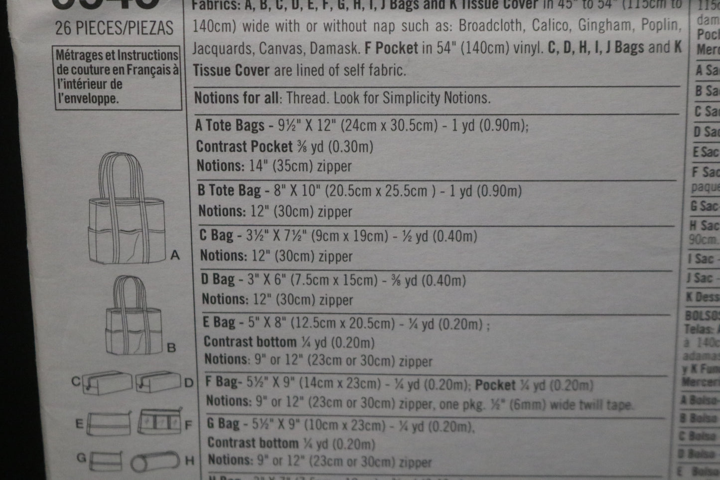 Simplicity 9949 Bags in Various Sizes Sewing Pattern UNCUT