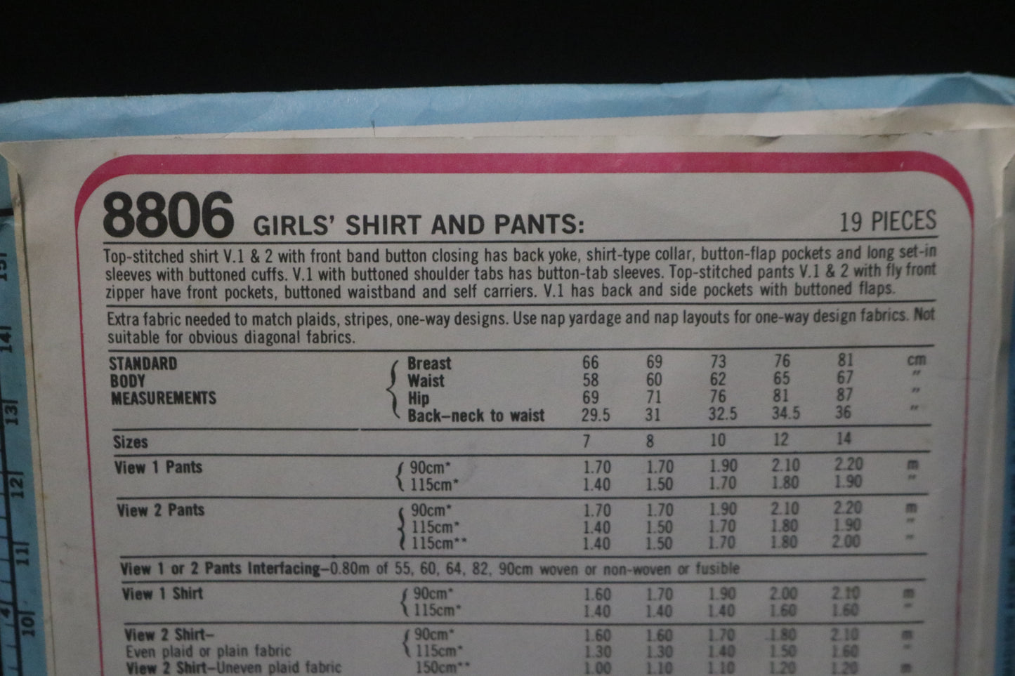 Simplicity 8806 Girls Shirt and Pants Sewing Pattern - UNCUT Size 7 & 8