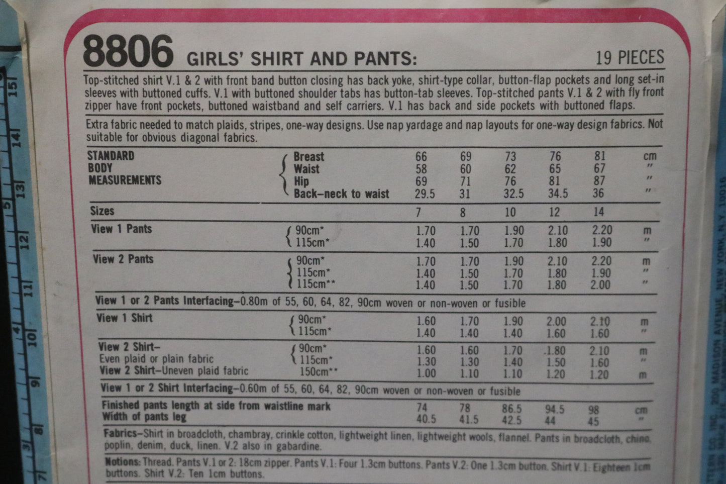 Simplicity 8806 Girls Shirt and Pants Sewing Pattern - UNCUT Size 7 & 8