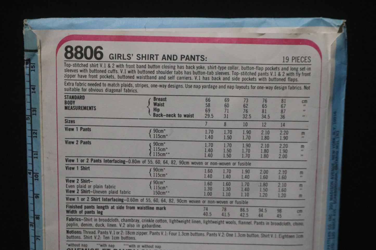 Simplicity 8806 Girls Shirt and Pants Sewing Pattern - UNCUT Size 7 & 8