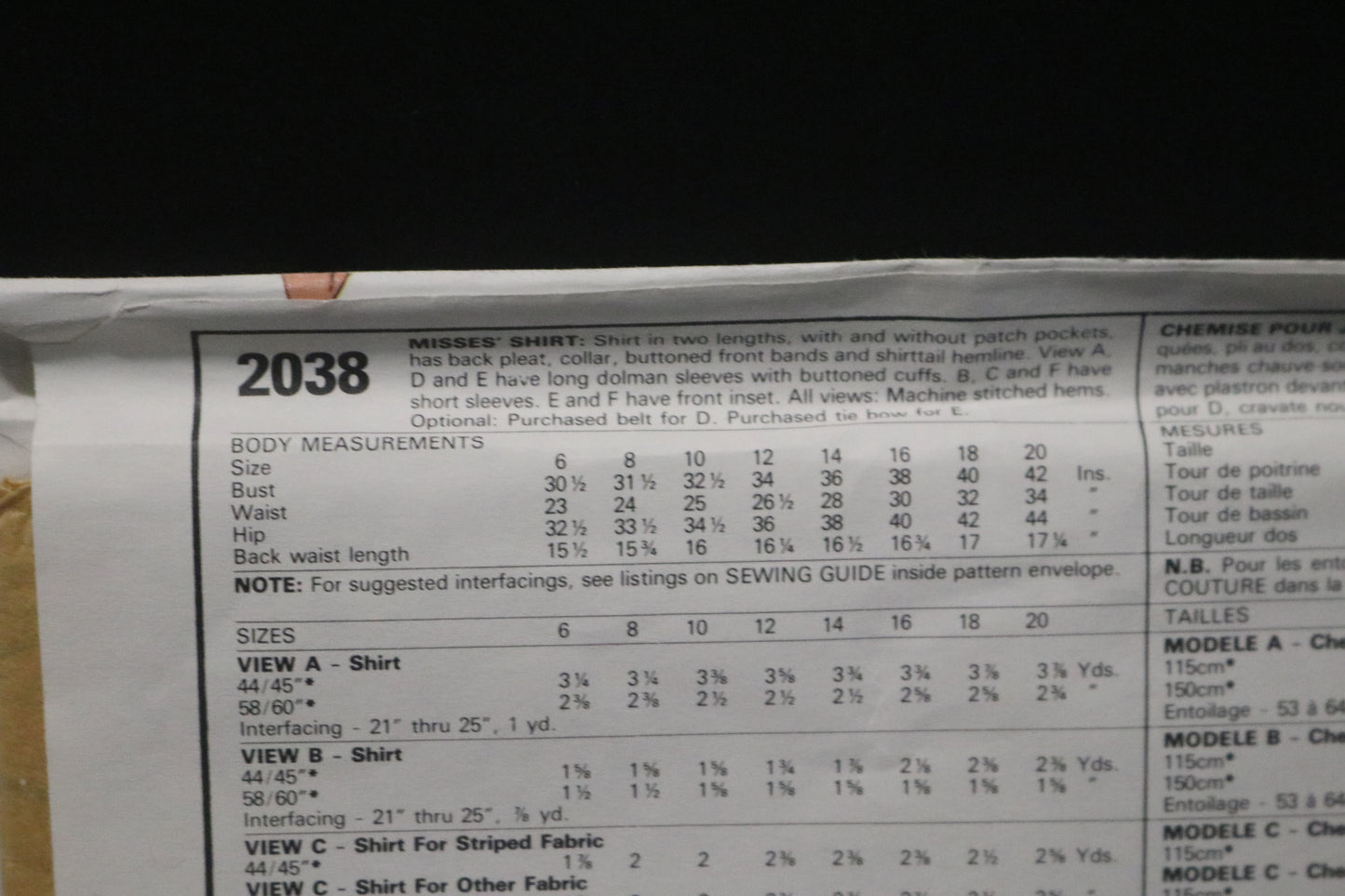 McCalls 2038 Misses Shirt Sewing Pattern UNCUT - Size 12