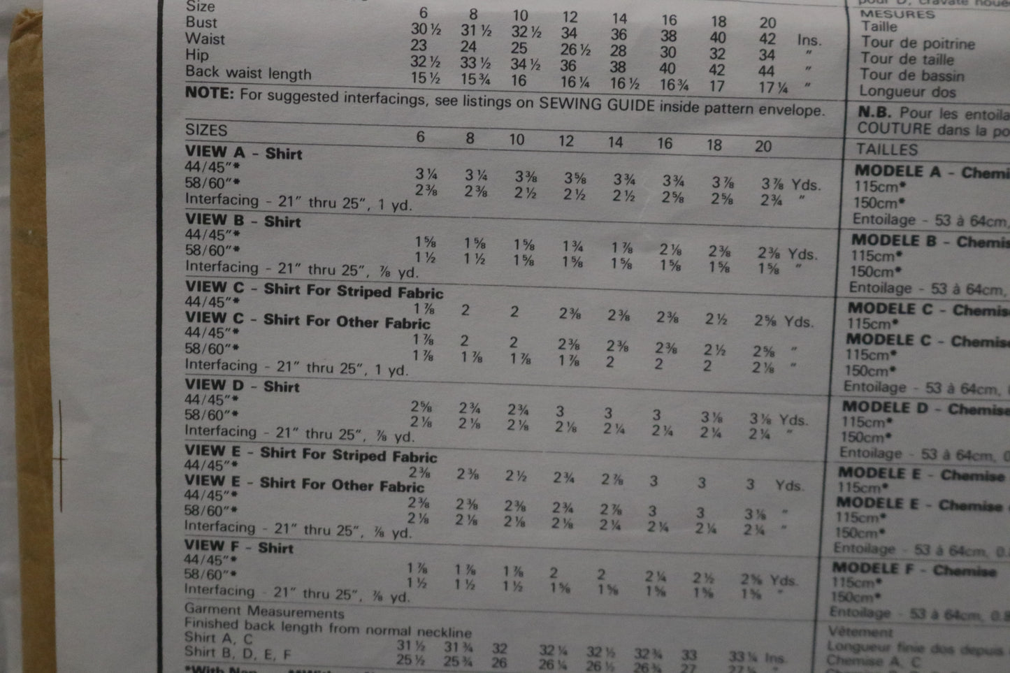 McCalls 2038 Misses Shirt Sewing Pattern UNCUT - Size 12