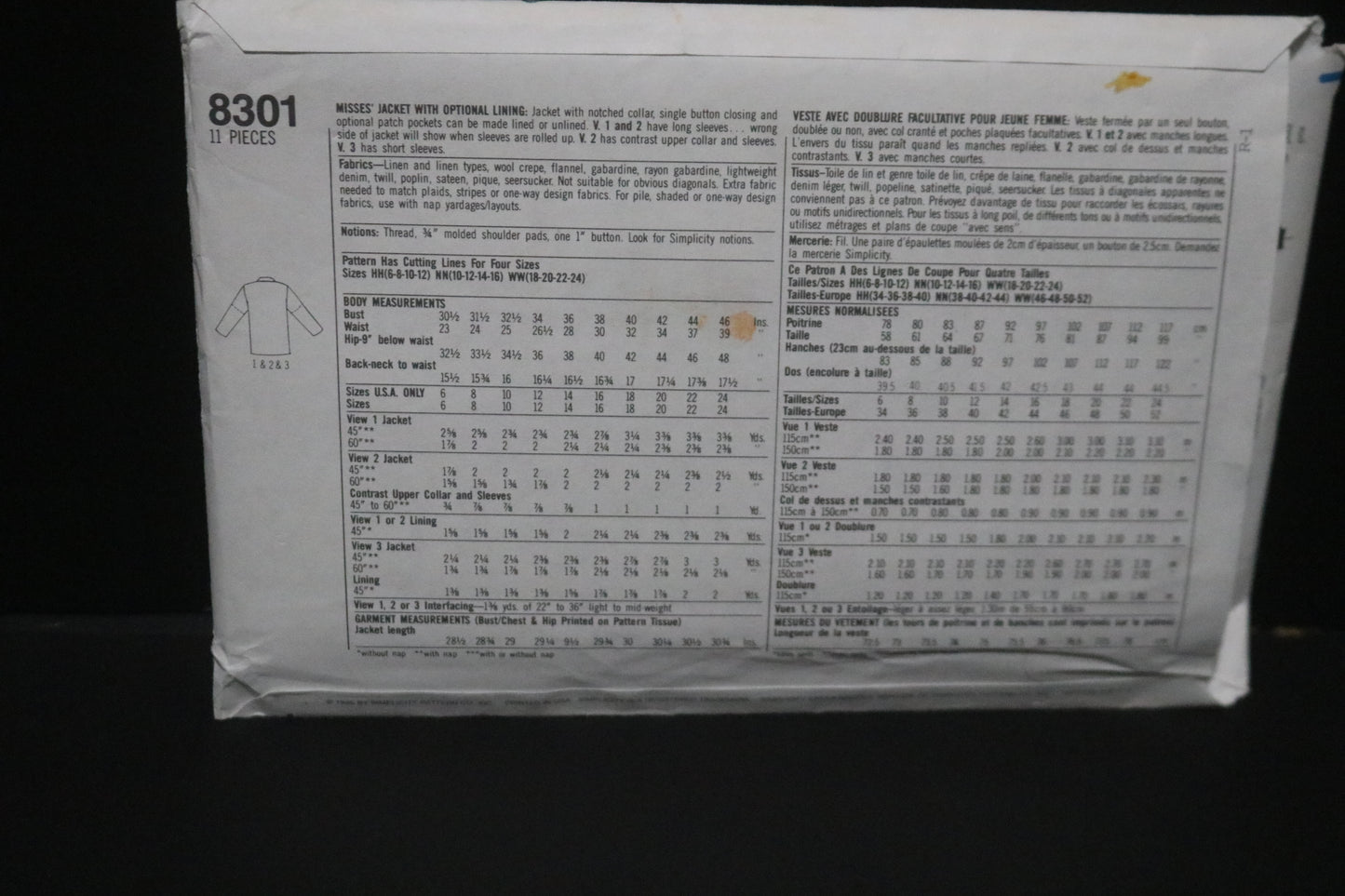 Simplicity 8301 Misses Jacket with optional lining Sewing Pattern - UNCUT - Size 10 - 16