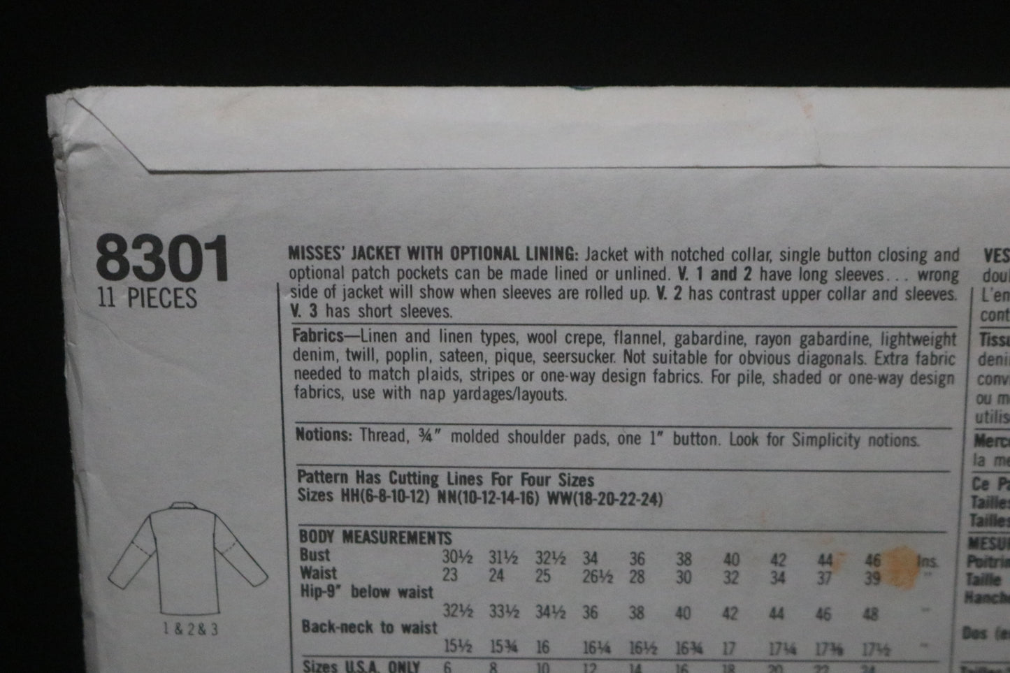 Simplicity 8301 Misses Jacket with optional lining Sewing Pattern - UNCUT - Size 10 - 16