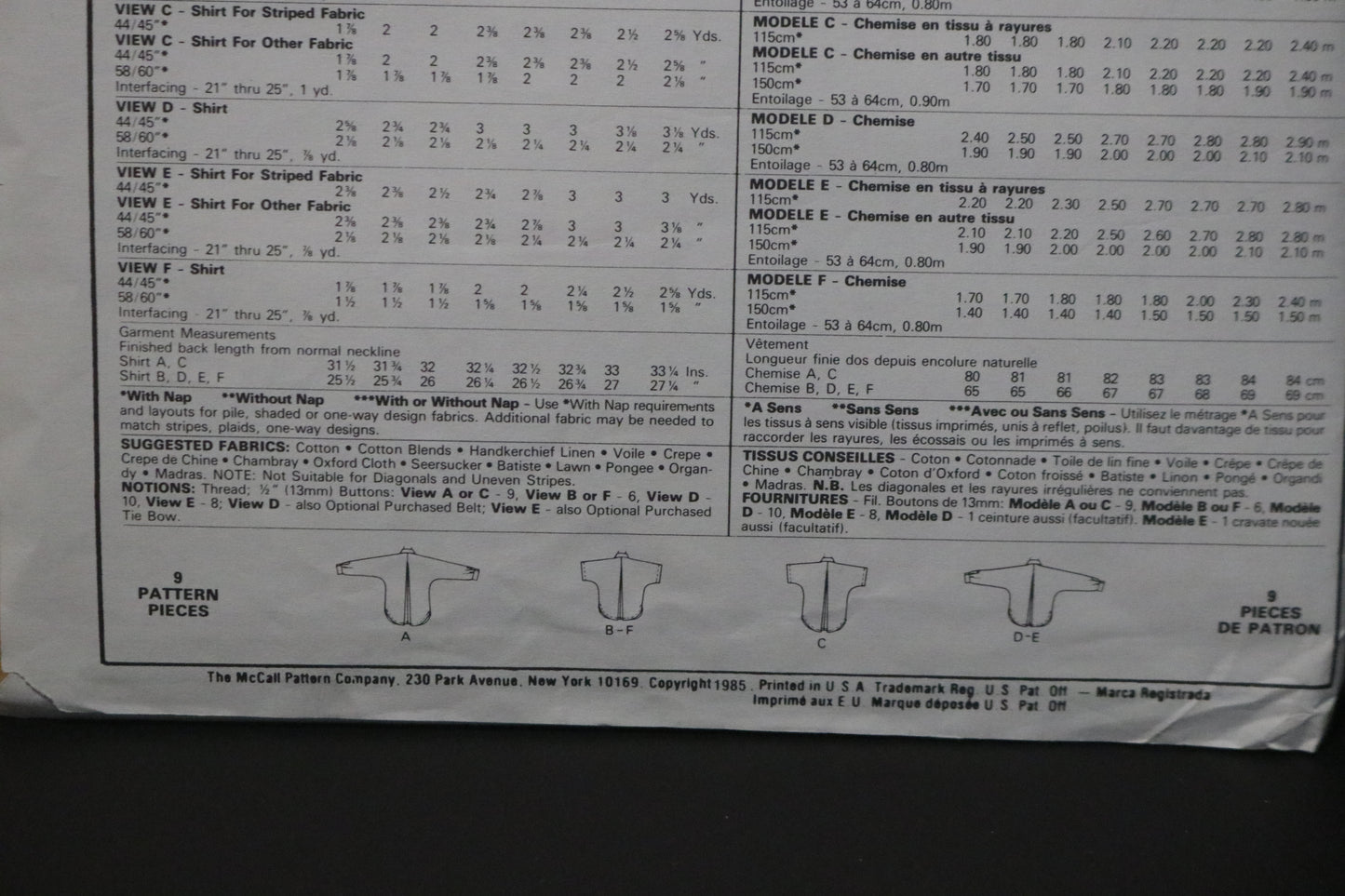 McCalls 2038 Misses Shirt Sewing Pattern UNCUT - Size 12
