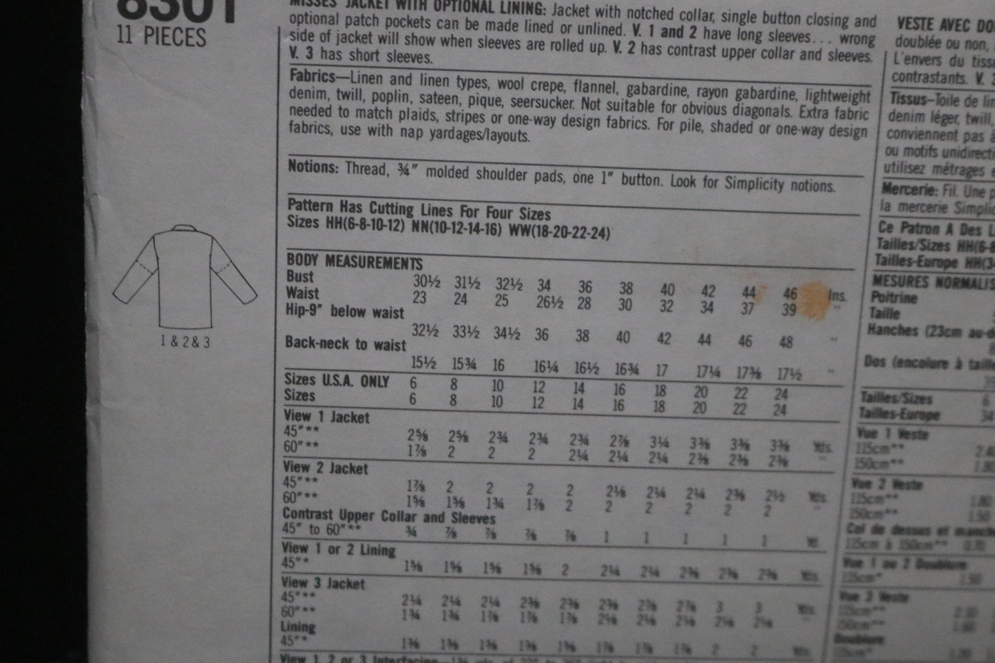 Simplicity 8301 Misses Jacket with optional lining Sewing Pattern - UNCUT - Size 10 - 16