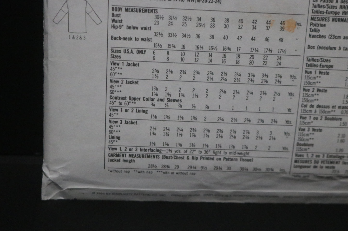Simplicity 8301 Misses Jacket with optional lining Sewing Pattern - UNCUT - Size 10 - 16