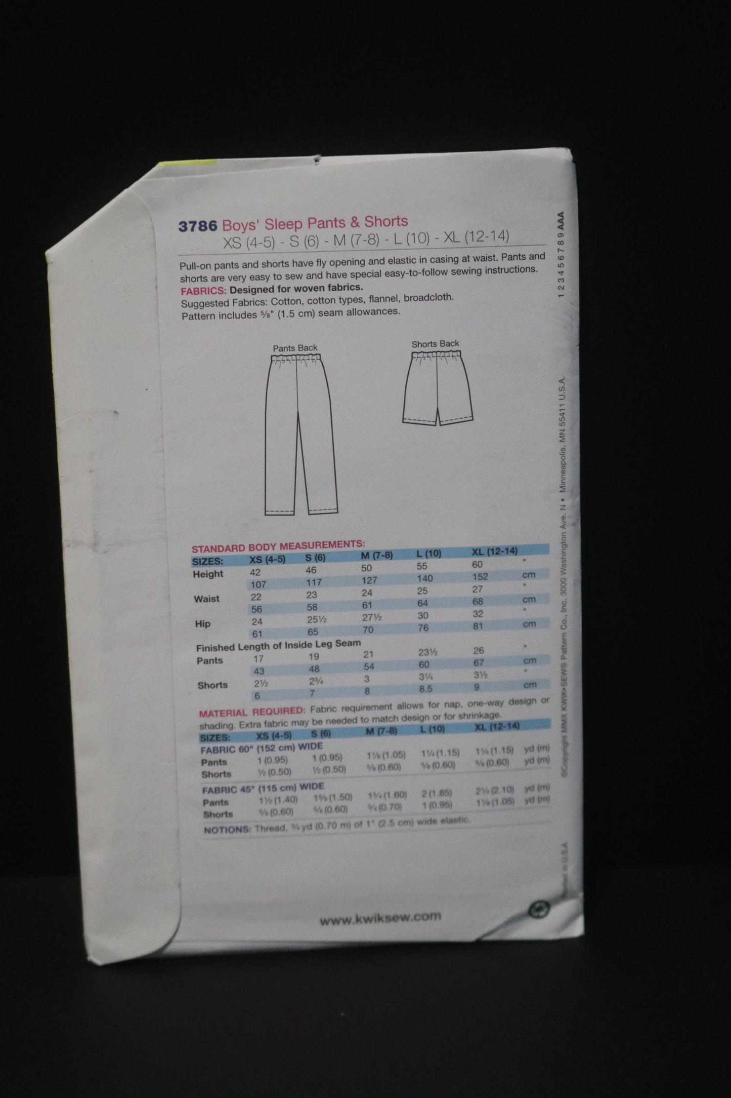 Kwik Sew 3786 Boys Sleep Pants and Shorts Sewing Pattern - UNCUT - Size XS S M L XL