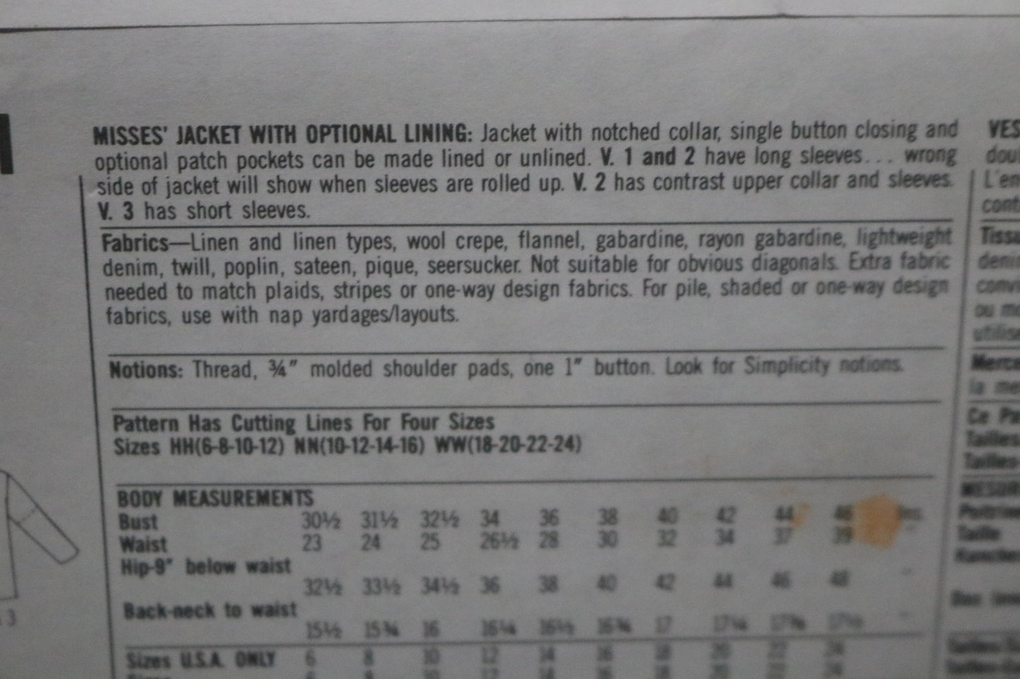 Simplicity 8301 Misses Jacket with optional lining Sewing Pattern - UNCUT - Size 10 - 16