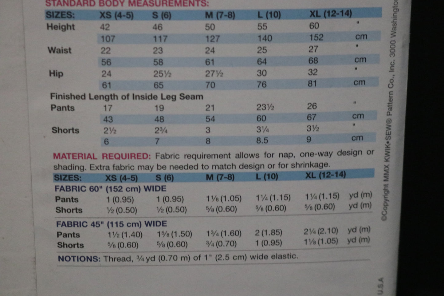 Kwik Sew 3786 Boys Sleep Pants and Shorts Sewing Pattern - UNCUT - Size XS S M L XL