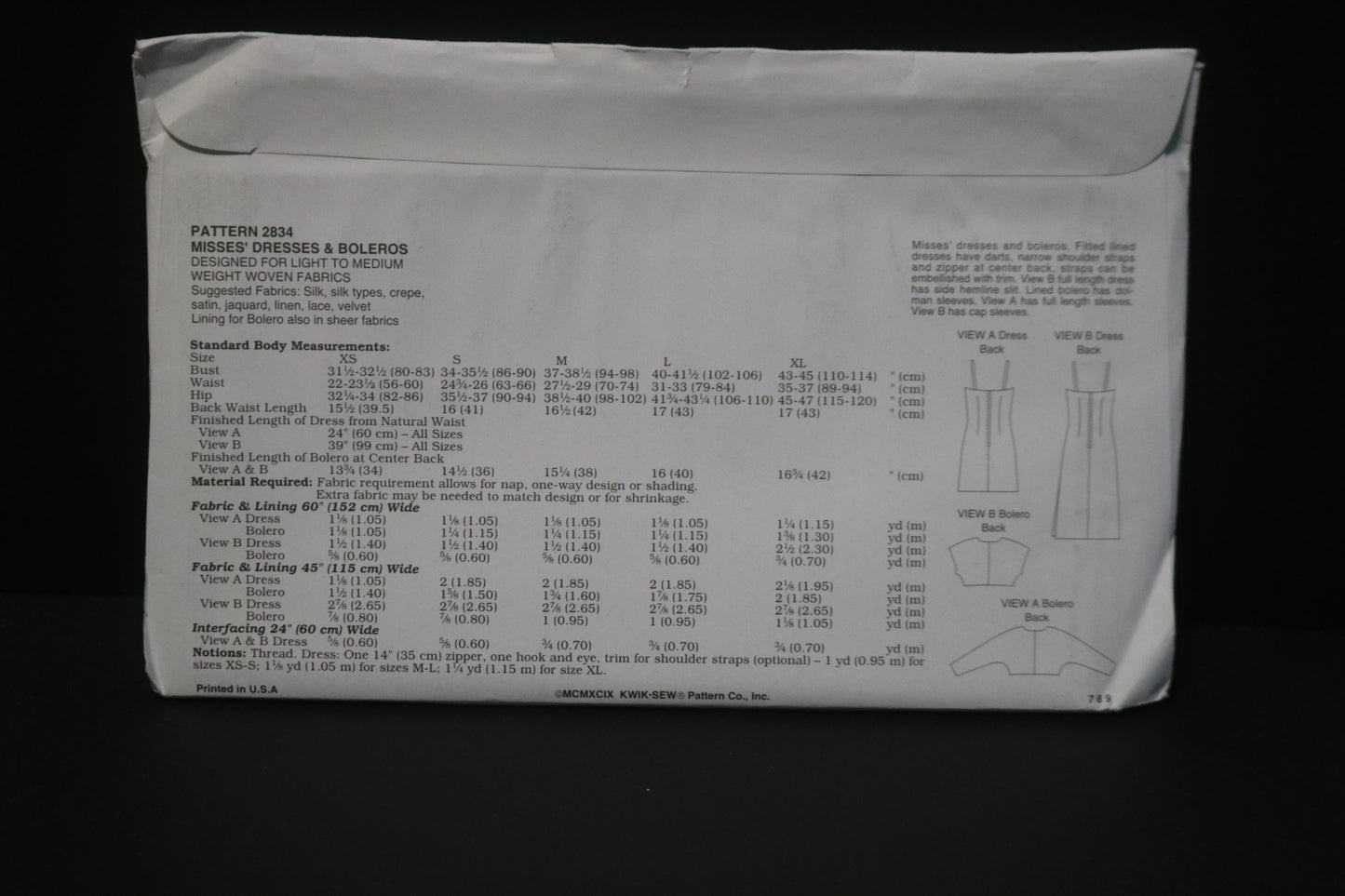 Kwik Sew 2834 Misses Dresses and Boleros Sewing Pattern - UNCUT - Size Xs S M L XL