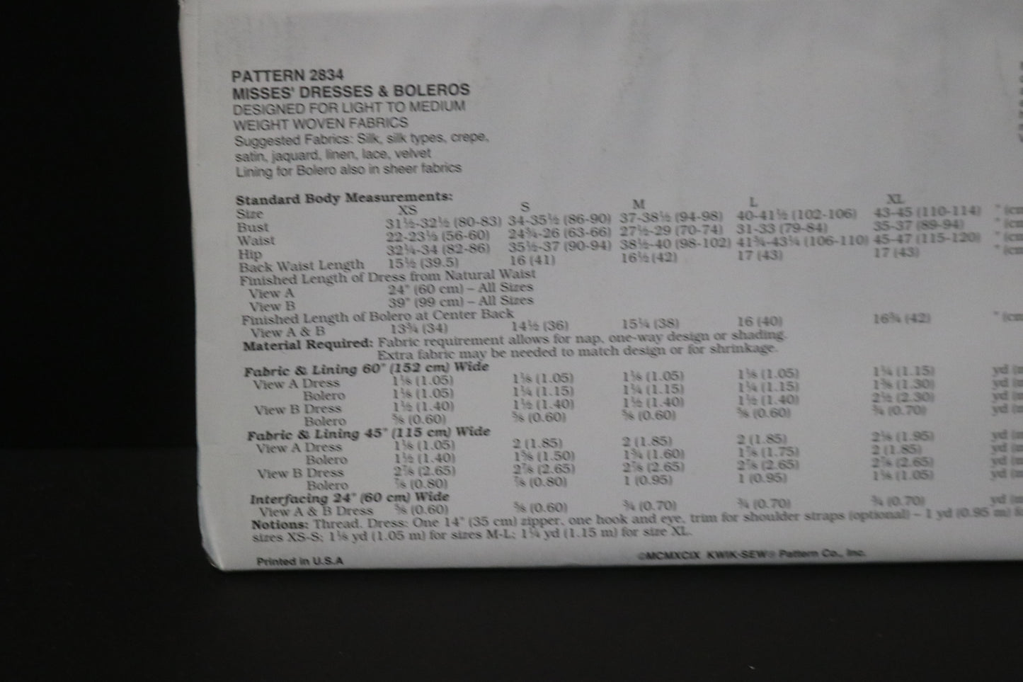 Kwik Sew 2834 Misses Dresses and Boleros Sewing Pattern - UNCUT - Size Xs S M L XL