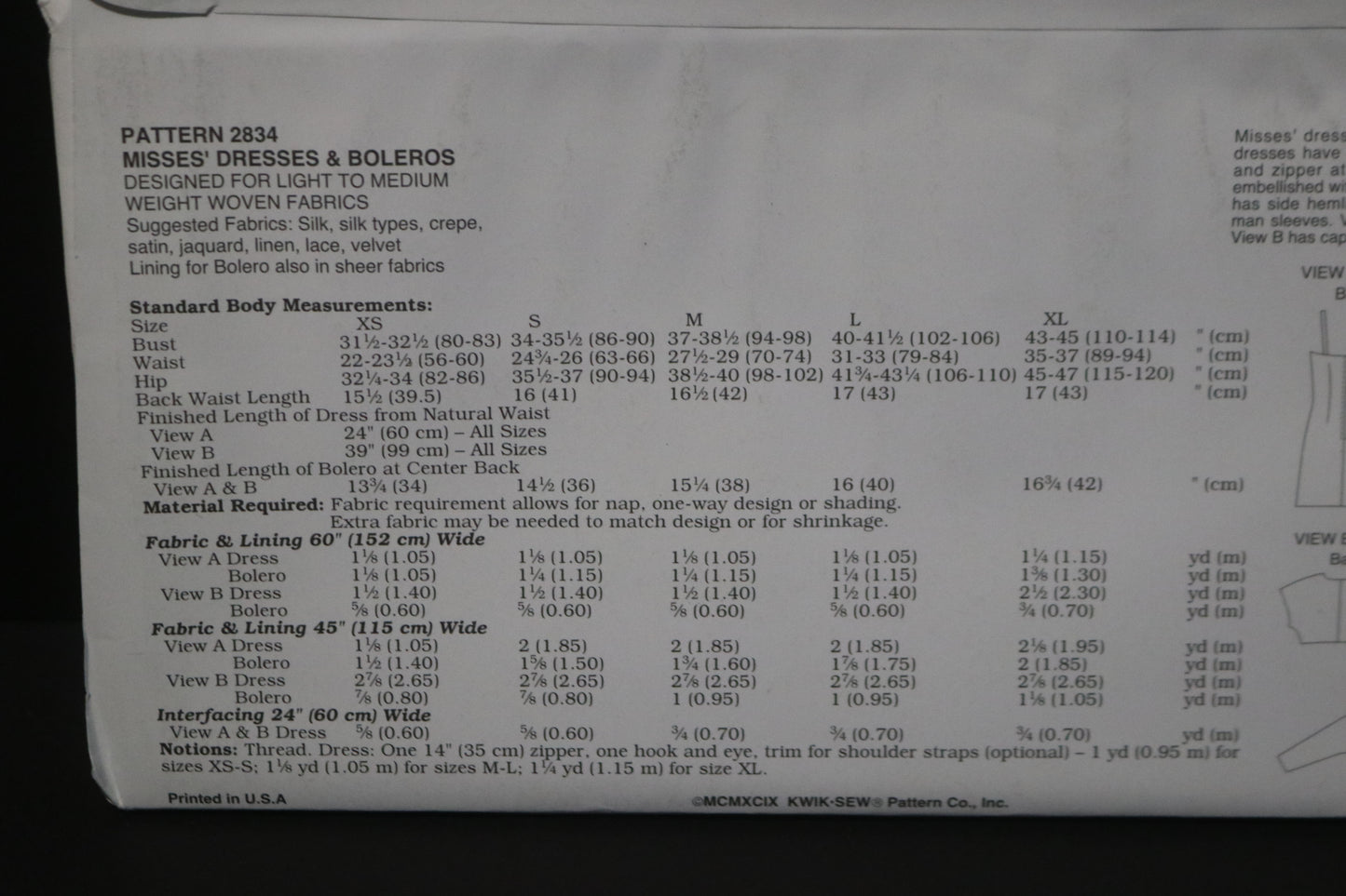 Kwik Sew 2834 Misses Dresses and Boleros Sewing Pattern - UNCUT - Size Xs S M L XL