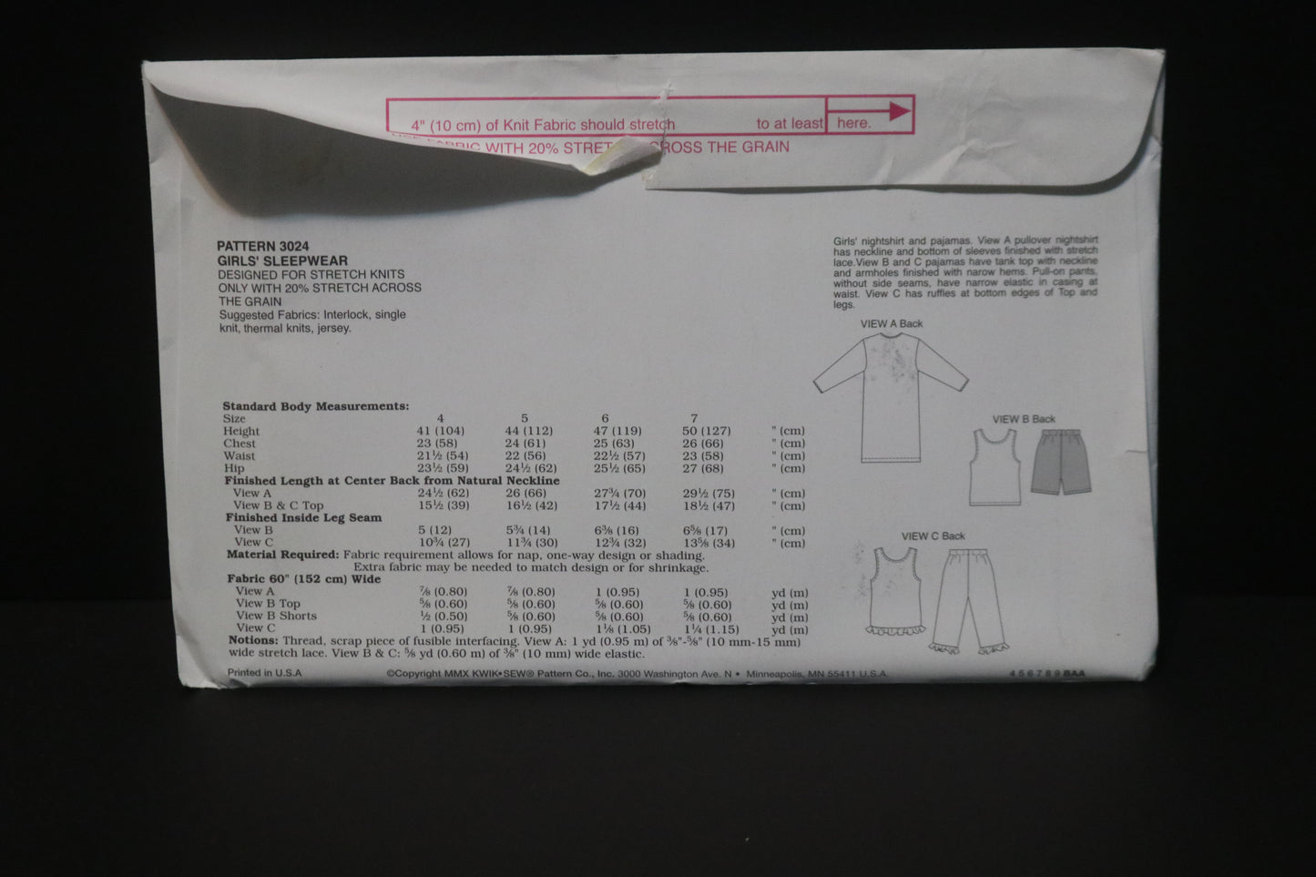 Kwik Sew 3024 Girls Sleepwear Sewing Pattern - UNCUT - Size 4 5 6 7