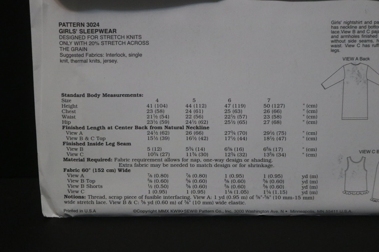 Kwik Sew 3024 Girls Sleepwear Sewing Pattern - UNCUT - Size 4 5 6 7