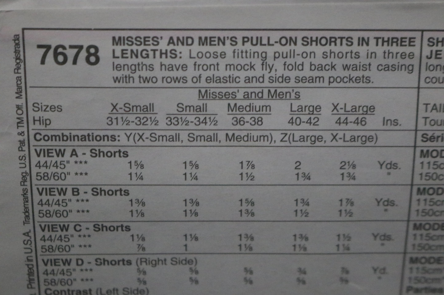 McCalls 7678 Misses and Mens Pull on Shorts in Three Lengths Sewing Pattern UNCUT Size Lrg- Xxl