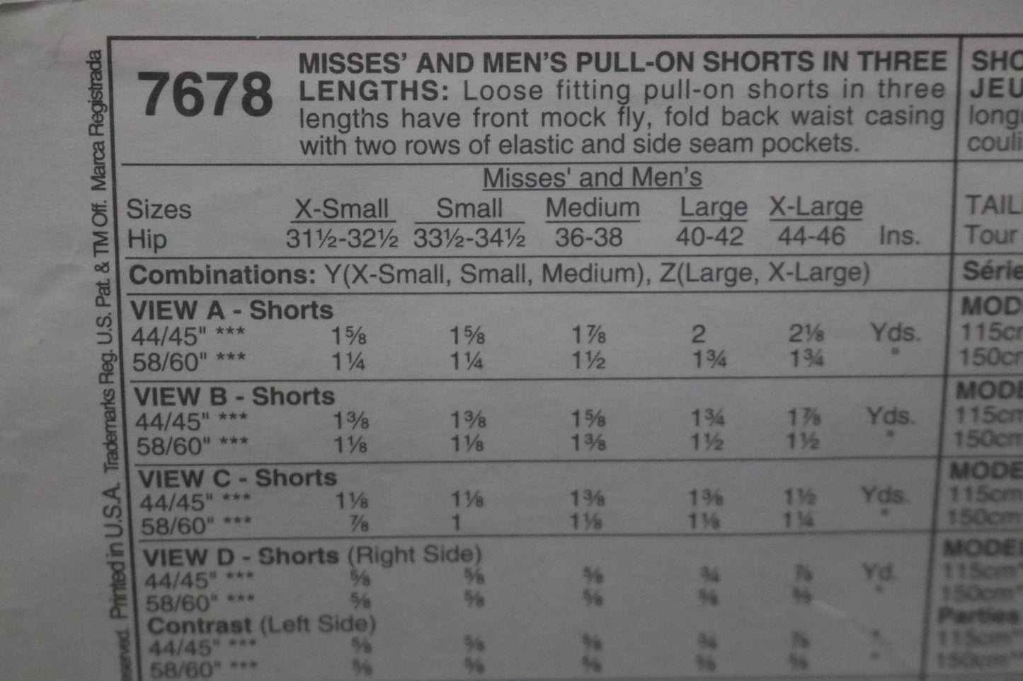 McCalls 7678 Misses and Mens Pull on Shorts in Three Lengths Sewing Pattern UNCUT Size Lrg- Xxl