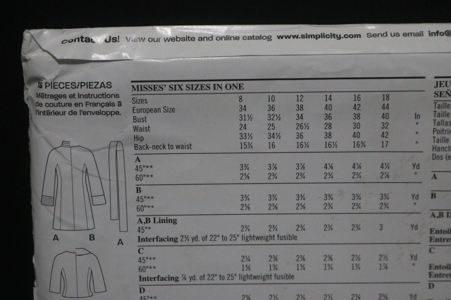 New look 6852 Misses Lined Coats and Jackets Sewing Pattern - UNCUT - Size 8 - 18