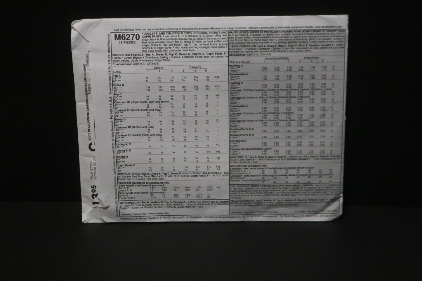 McCalls 6270 Toddlers and Childrens Girls Tops Dresses Shorts and Capri Pants Sewing Pattern - UNCUT Size 1 2 3