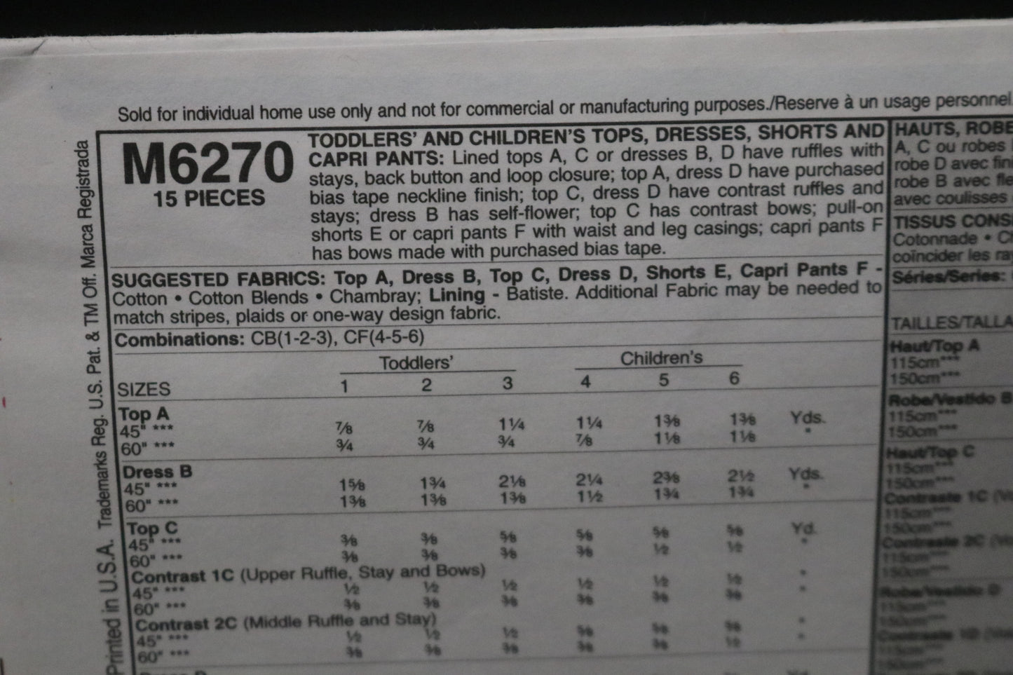 McCalls 6270 Toddlers and Childrens Girls Tops Dresses Shorts and Capri Pants Sewing Pattern - UNCUT Size 1 2 3