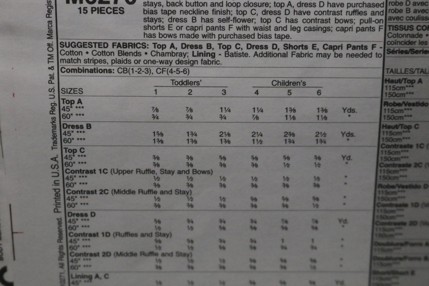 McCalls 6270 Toddlers and Childrens Girls Tops Dresses Shorts and Capri Pants Sewing Pattern - UNCUT Size 1 2 3