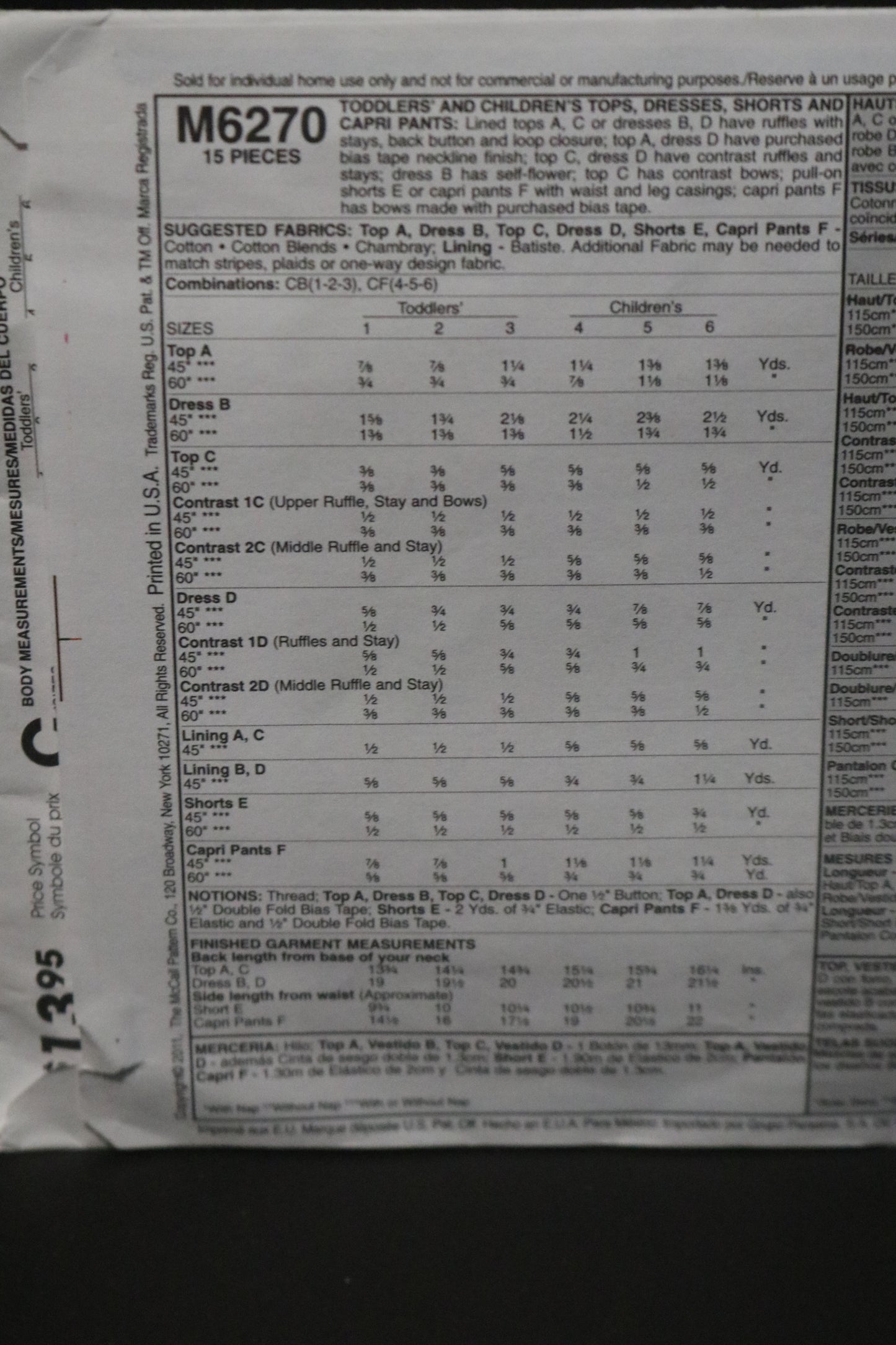 McCalls 6270 Toddlers and Childrens Girls Tops Dresses Shorts and Capri Pants Sewing Pattern - UNCUT Size 1 2 3