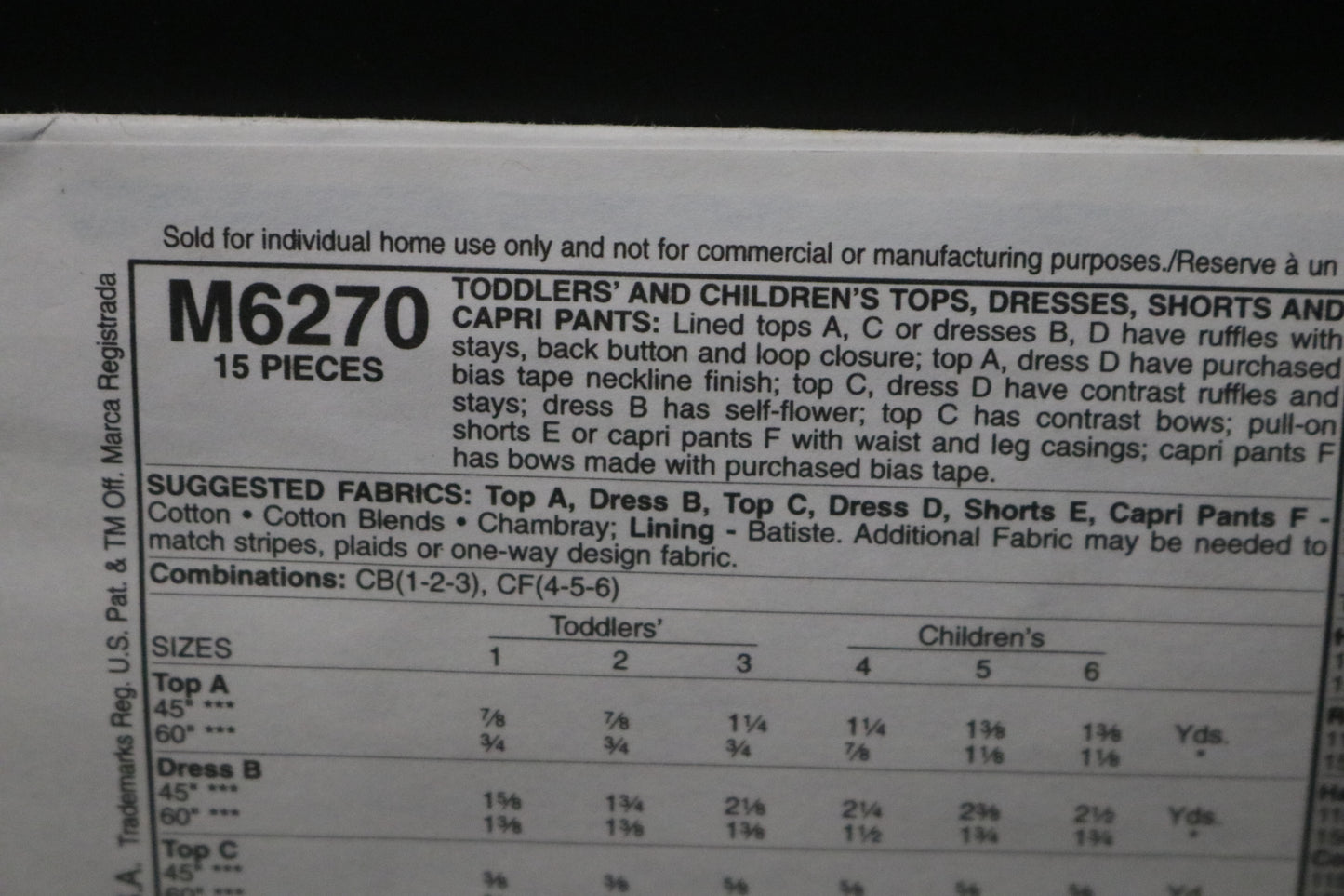 McCalls 6270 Toddlers and Childrens Girls Tops Dresses Shorts and Capri Pants Sewing Pattern - UNCUT Size 1 2 3