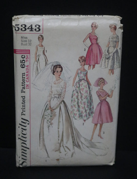 60s Butterick 5343 Misses' One-Piece Wedding Dress with Detachable Train or Evening Dress, Short Wedding Dress or Bridesmaid's Dress and Jacket  UNCUT Size 12 Bust 32