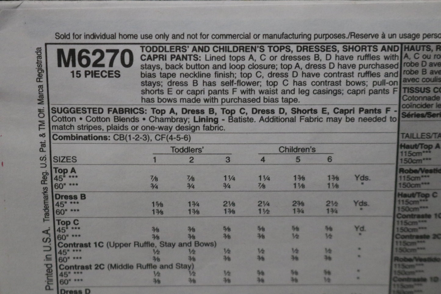 McCalls 6270 Toddlers and Childrens Girls Tops Dresses Shorts and Capri Pants Sewing Pattern - UNCUT Size 1 2 3