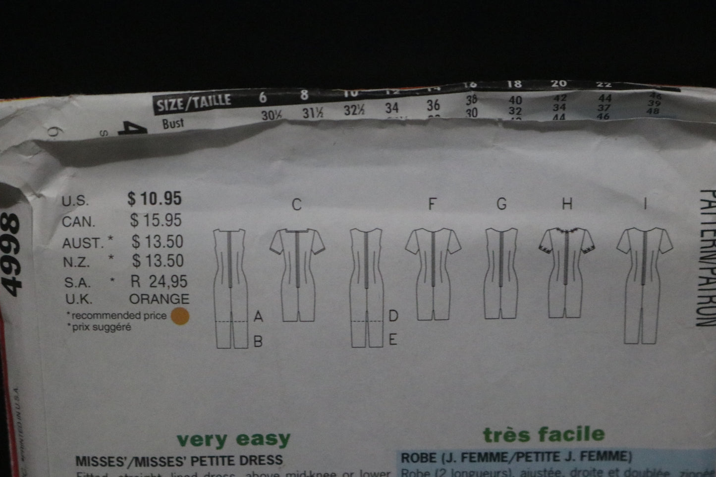 Butterick 4998 Misses / Misses Petite Dress Sewing Pattern - UNCUT - Size 6 8 10