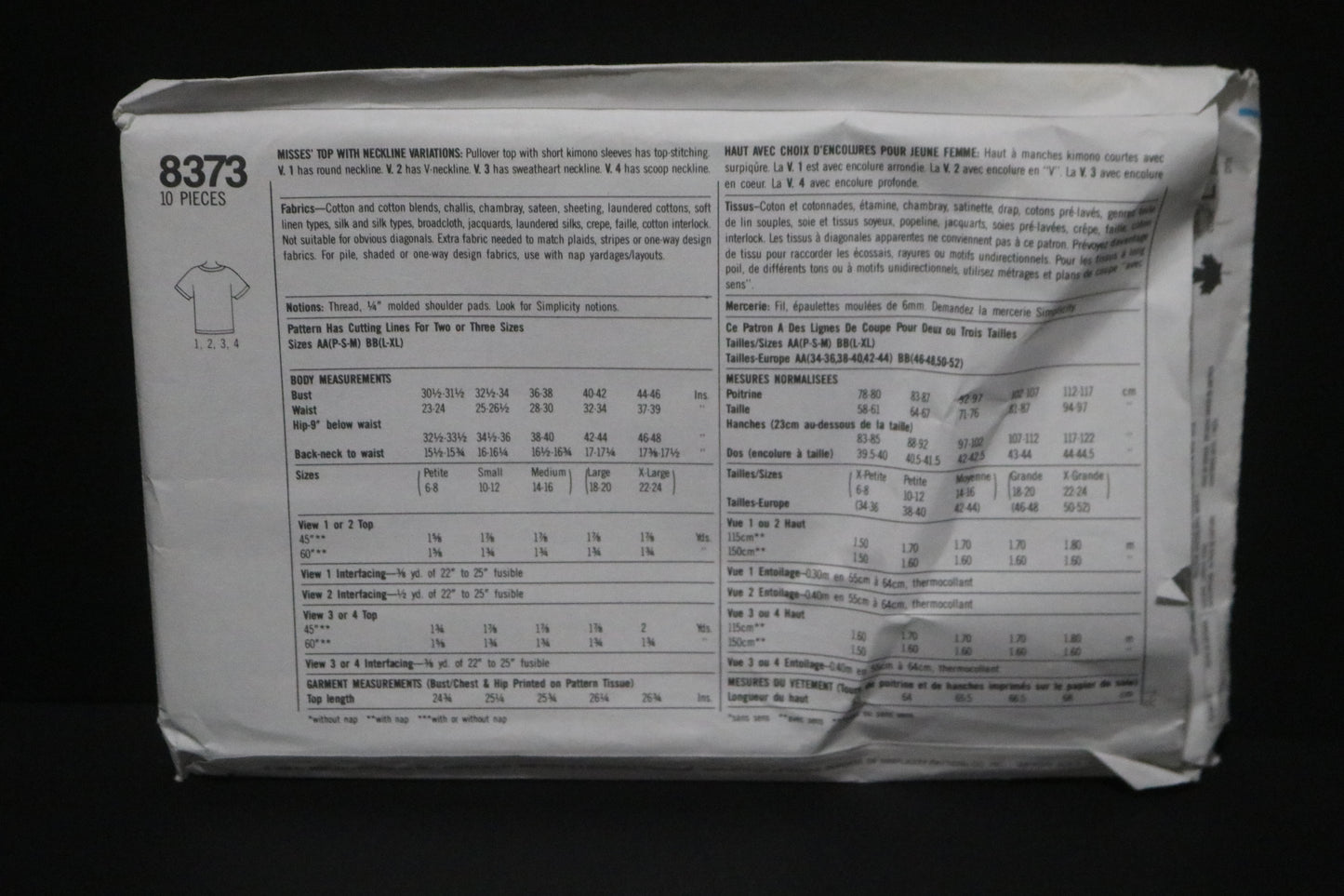 Simplicity 8373 Misses Top with Neckline Variations Sewing Pattern - UNCUT - Size Lg - XL