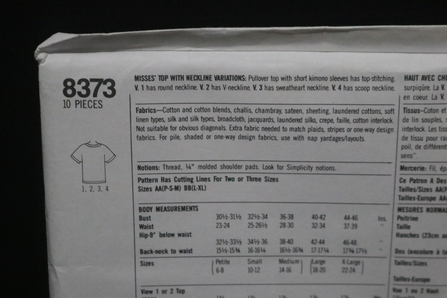 Simplicity 8373 Misses Top with Neckline Variations Sewing Pattern - UNCUT - Size Lg - XL