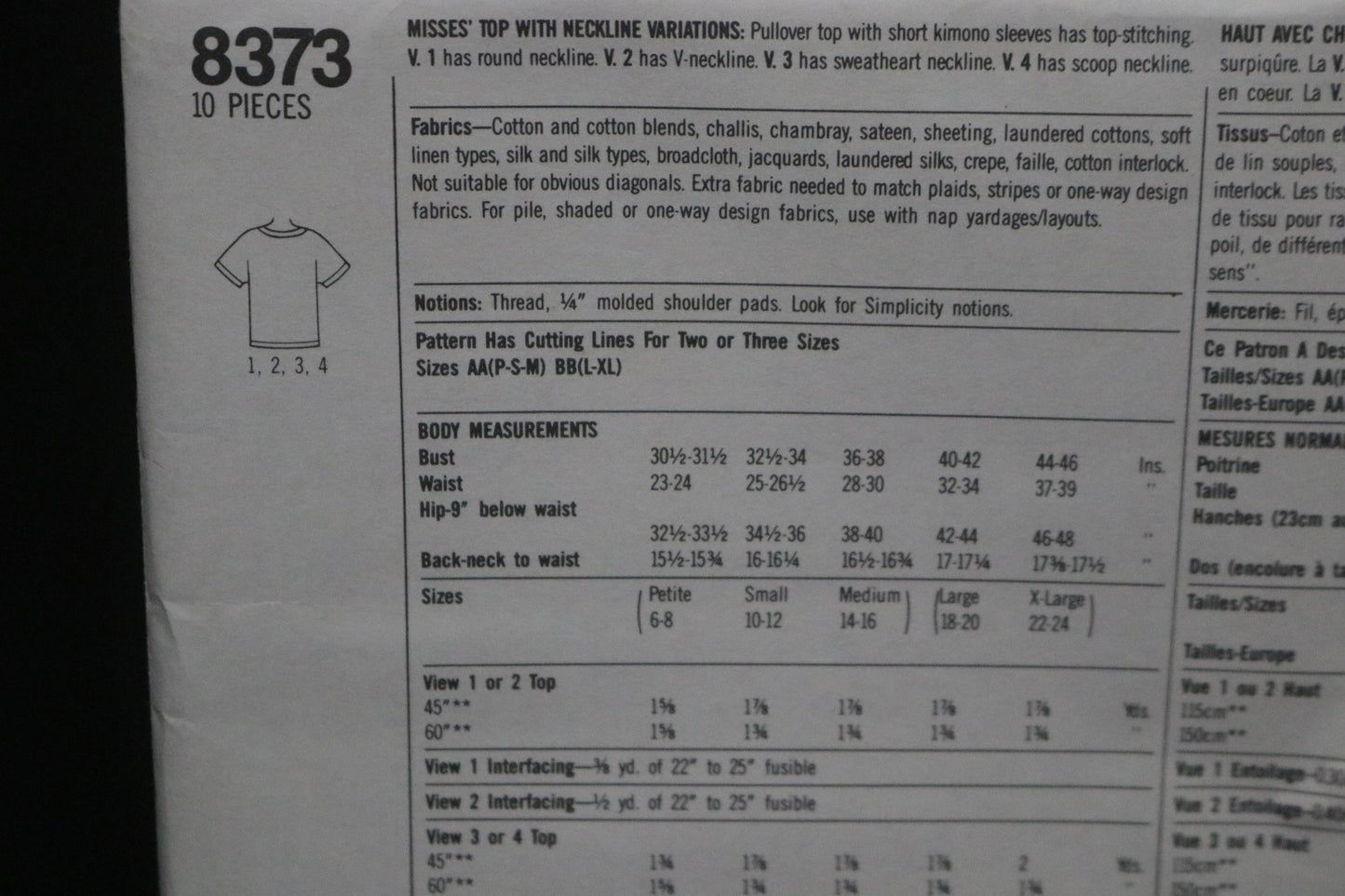 Simplicity 8373 Misses Top with Neckline Variations Sewing Pattern - UNCUT - Size Lg - XL