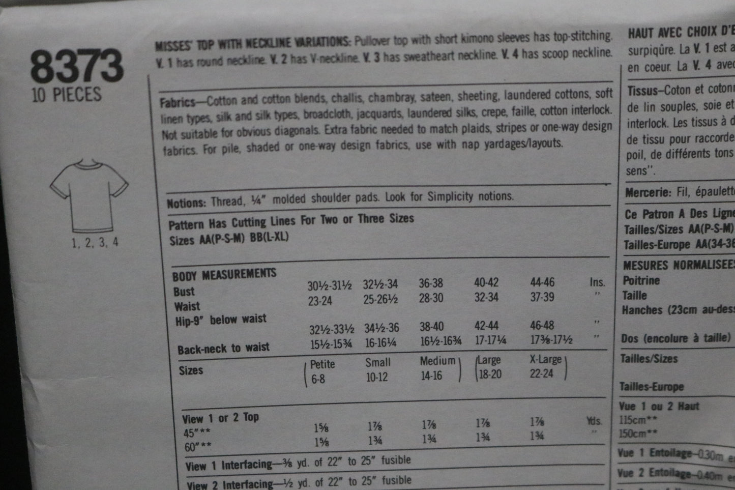 Simplicity 8373 Misses Top with Neckline Variations Sewing Pattern - UNCUT - Size Lg - XL