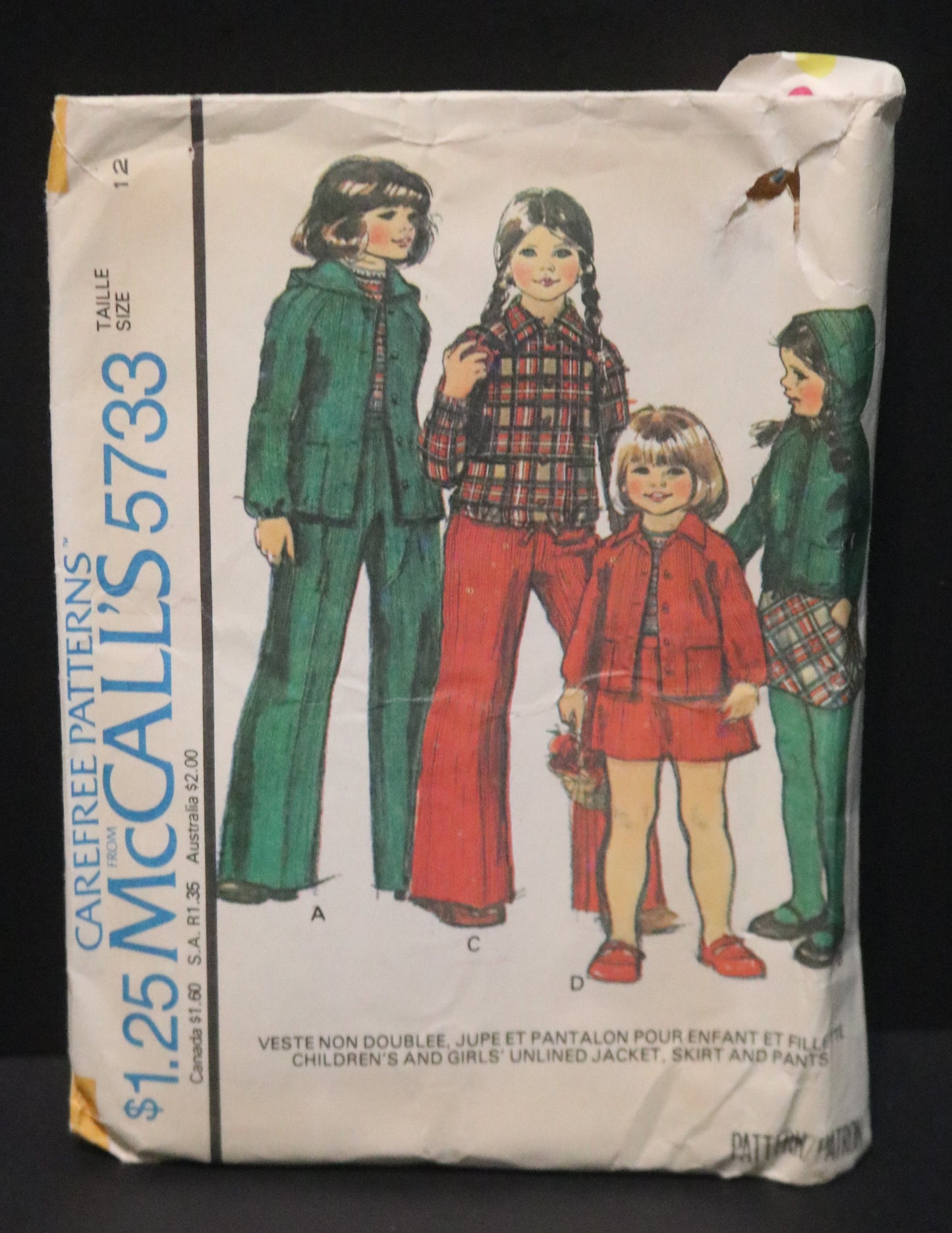 70s McCalls 5733 Childs and Girls Unlined Jacket Skirt and Pants Sewing Pattern UNCUT Size 12