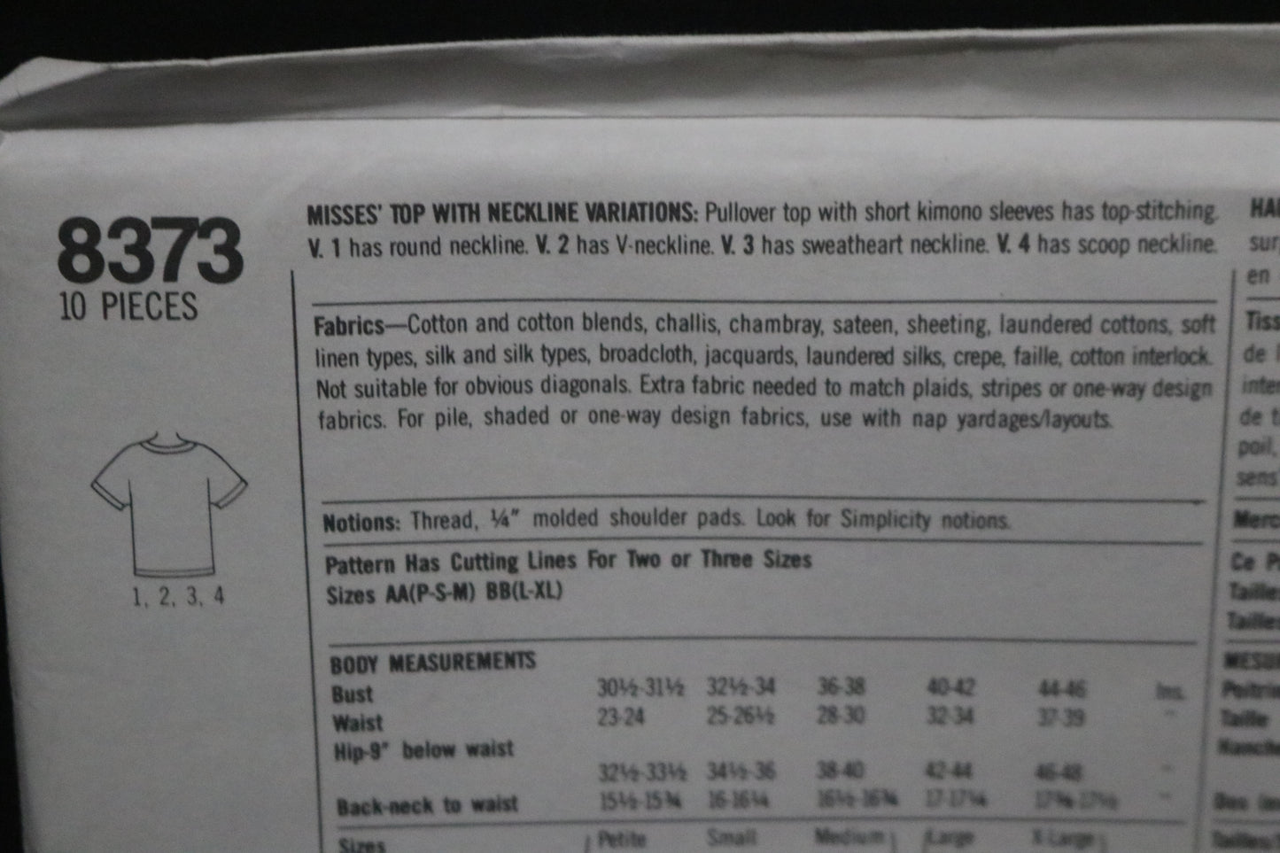 Simplicity 8373 Misses Top with Neckline Variations Sewing Pattern - UNCUT - Size Lg - XL