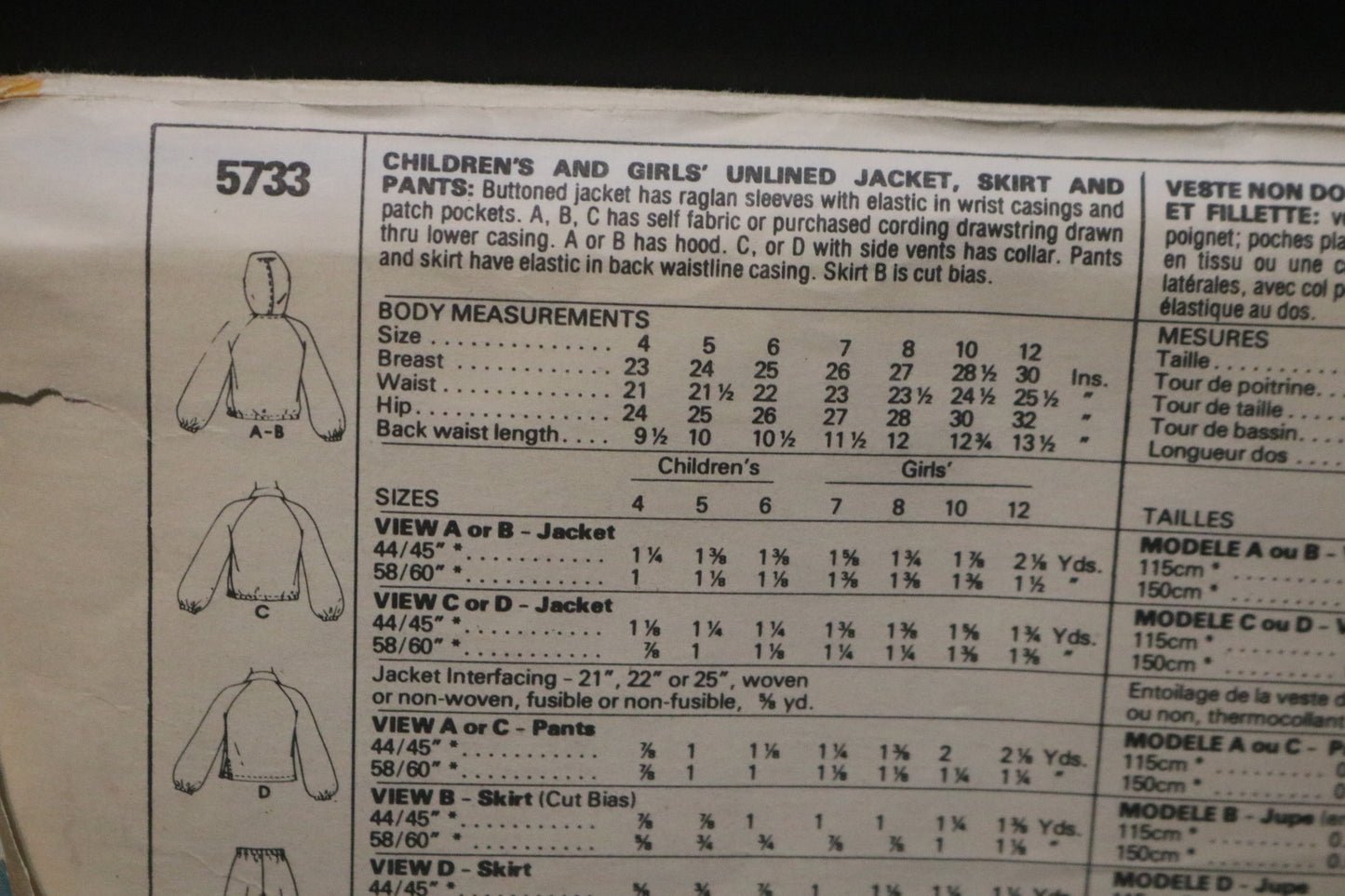 70s McCalls 5733 Childs and Girls Unlined Jacket Skirt and Pants Sewing Pattern UNCUT Size 12