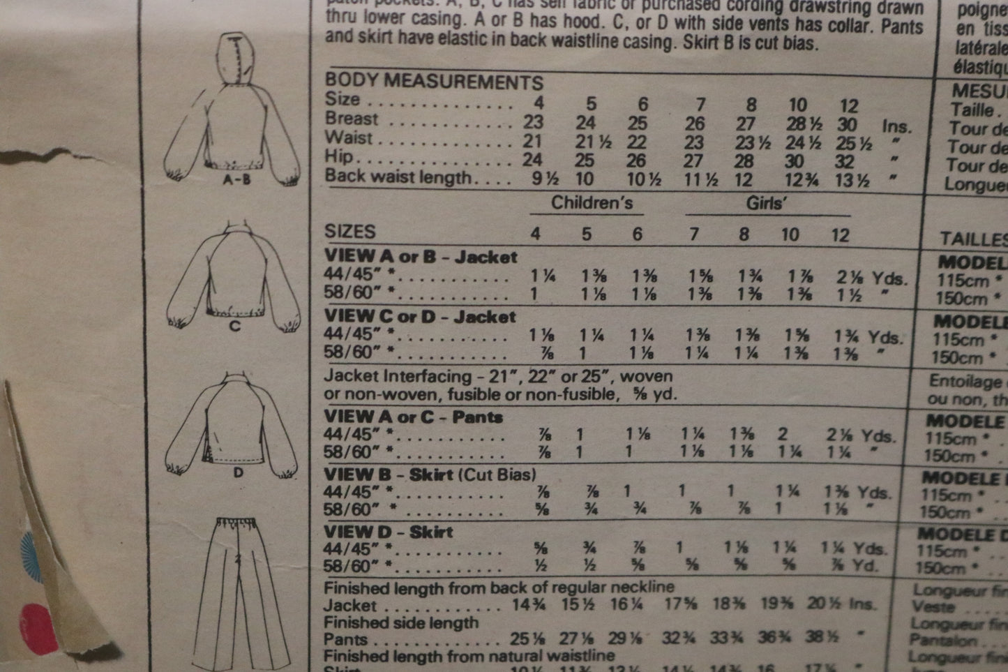 70s McCalls 5733 Childs and Girls Unlined Jacket Skirt and Pants Sewing Pattern UNCUT Size 12