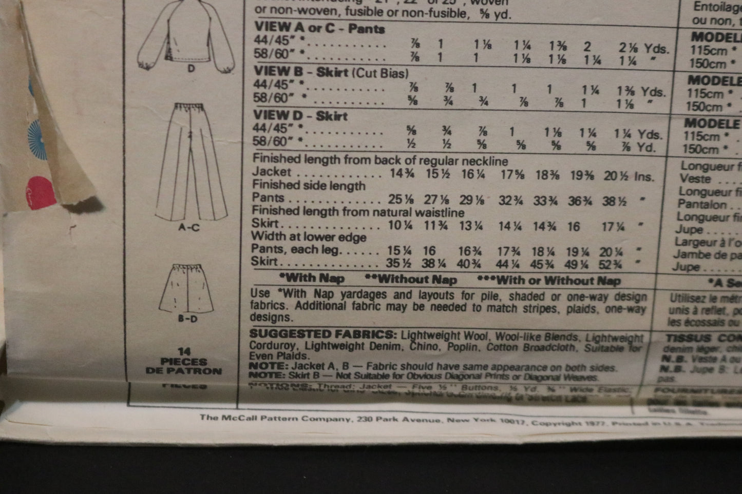 70s McCalls 5733 Childs and Girls Unlined Jacket Skirt and Pants Sewing Pattern UNCUT Size 12