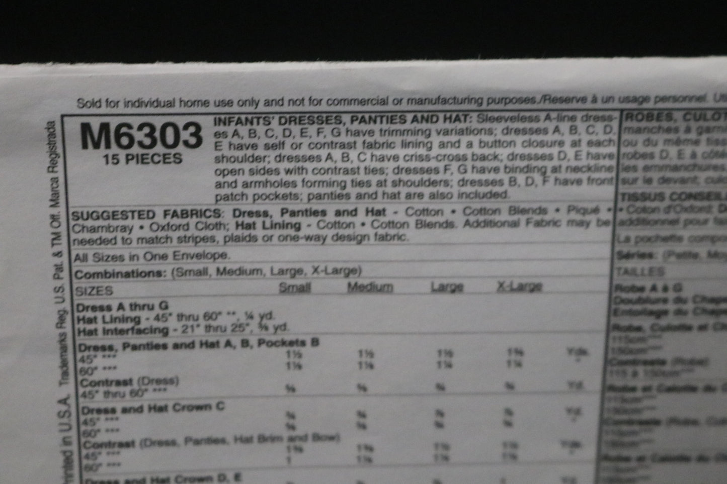 McCalls 6303 Infants Dresses Panties and Hat Sewing Pattern - UNCUT - Size S M L XL