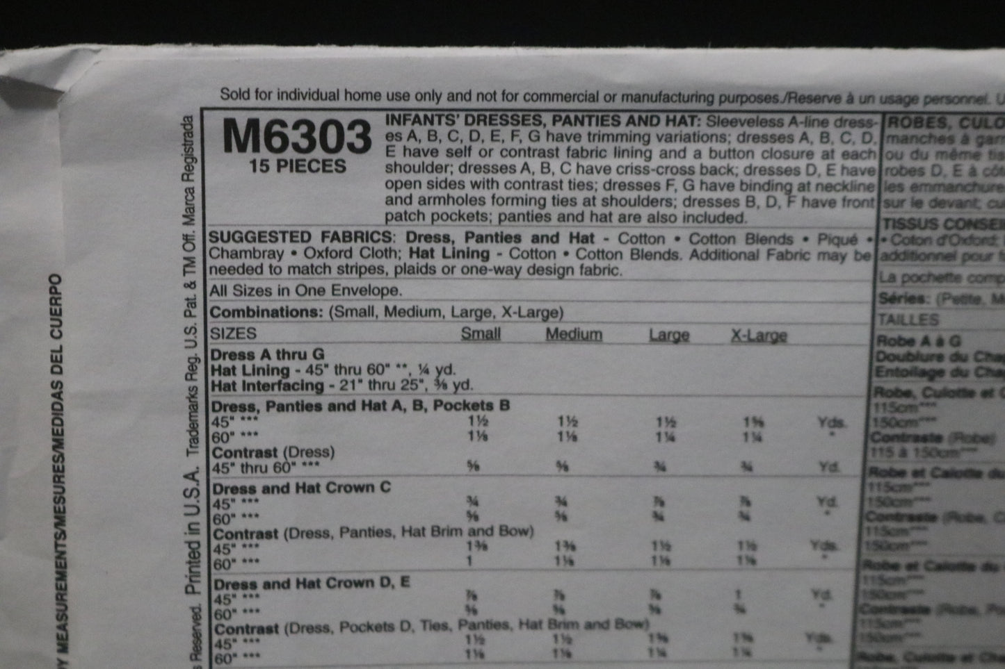 McCalls 6303 Infants Dresses Panties and Hat Sewing Pattern - UNCUT - Size S M L XL
