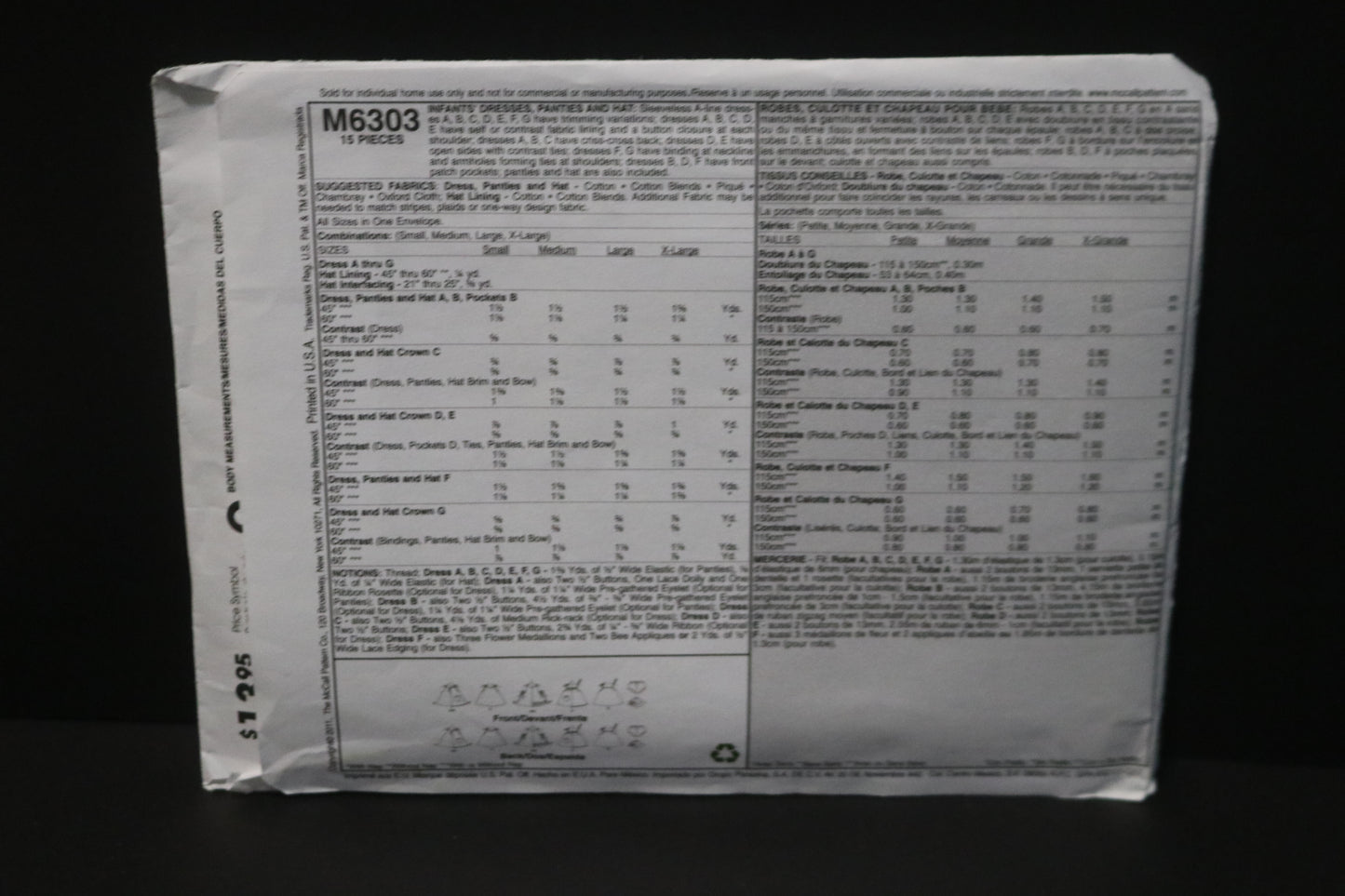 McCalls 6303 Infants Dresses Panties and Hat Sewing Pattern - UNCUT - Size S M L XL