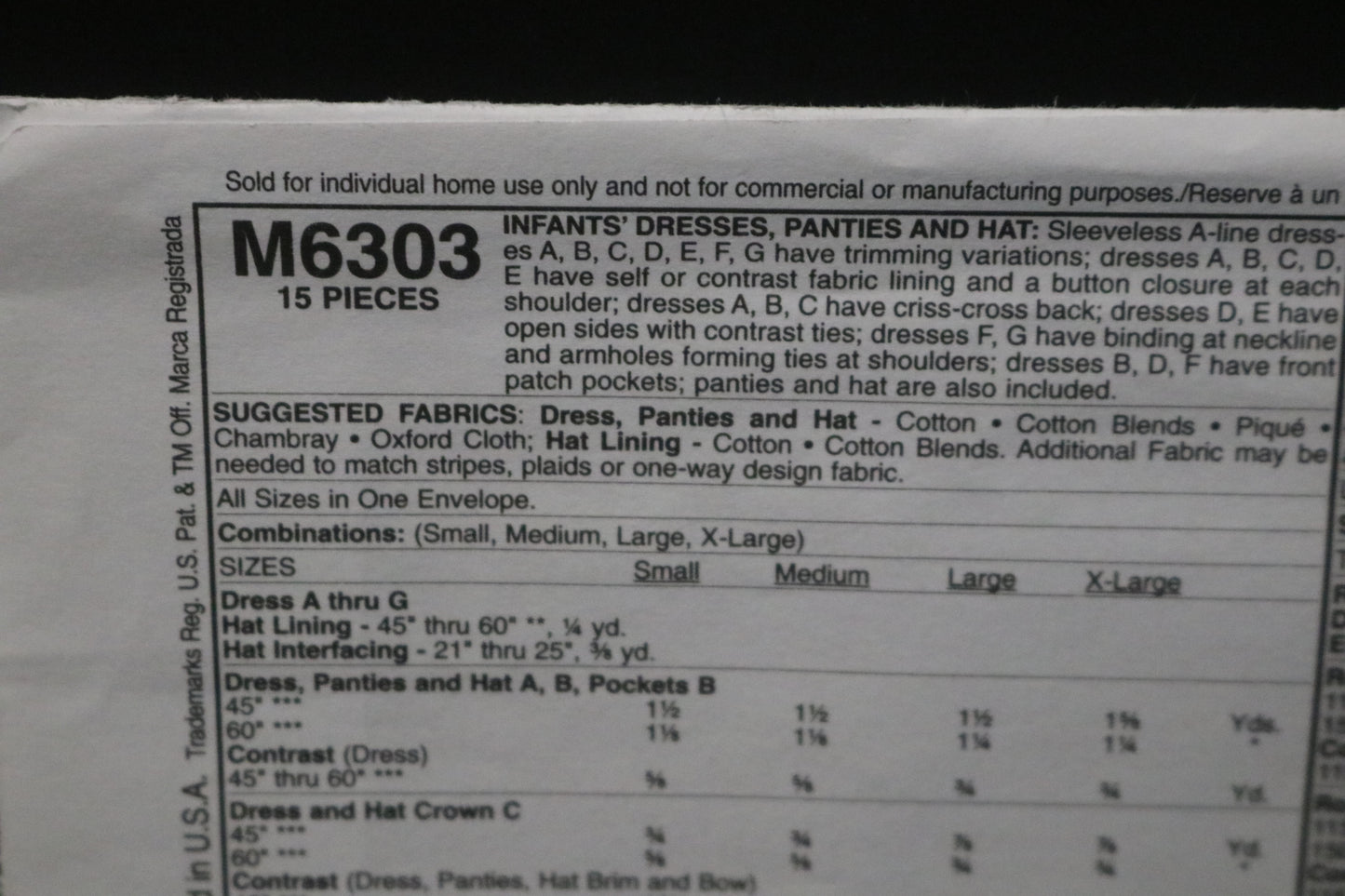 McCalls 6303 Infants Dresses Panties and Hat Sewing Pattern - UNCUT - Size S M L XL