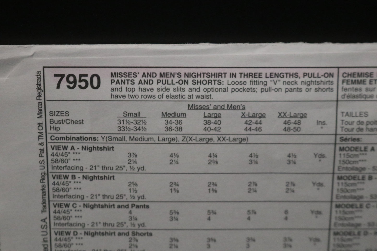 McCalls 7950  Misses and Mens Nightshirt in Three Lengths, Pull on Pants and Pull on Shorts Sewing Pattern  UNCUT Size Xlg, XxL