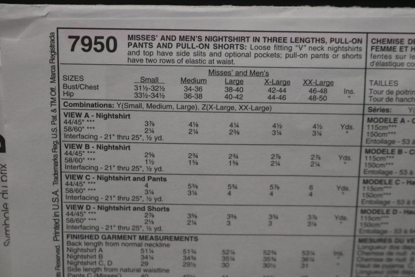 McCalls 7950  Misses and Mens Nightshirt in Three Lengths, Pull on Pants and Pull on Shorts Sewing Pattern  UNCUT Size Xlg, XxL